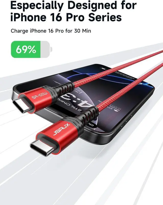 Alt view image 2 of 7 - 100W USB C to USB C Cable (2-Pack 6.6ft) USBC Type C Charge Cord 5A Fast Charging Compatible with Nintendo Switch 2 iPhone 16 Pro Max  Galaxy S25 S24 MacBook iPad Air Pro Carplay -Red