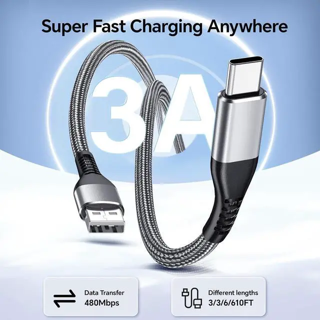 Alt view image 5 of 7 - Compatible with iPhone Charger 5Pack 3&3&6&6&10FT USB A Cable for Long USB C Charger Cable Fast Phone Charging Cord for Phone 16/15 Pro Max Samsunngg Galaxxyy S10 S9 S8 Plus 2 XL(Gray)