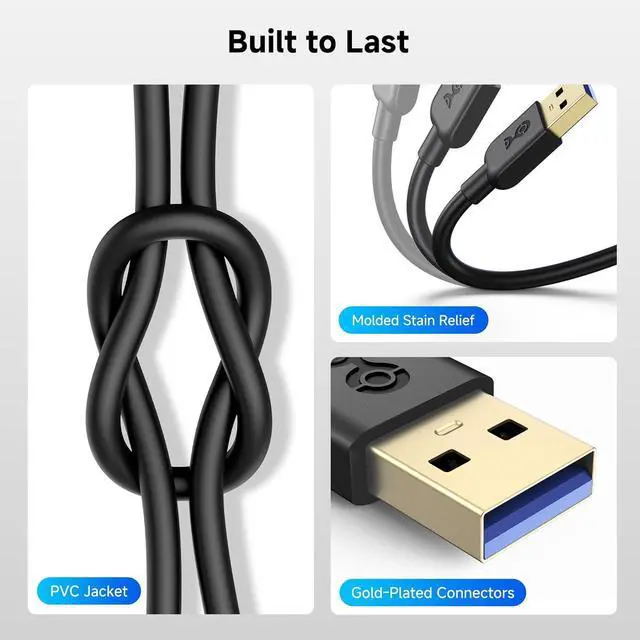 Alt view image 4 of 6 - 5Gbps Long USB 3.0 Cable - 10ft Male to Male USBA to USBA Cable USB Cord Black
