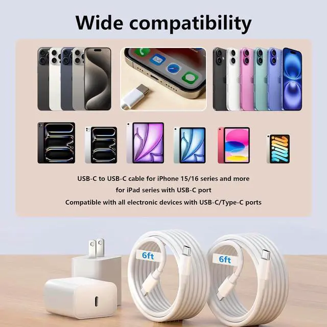 Alt view image 2 of 7 - USB C Charger for  iPad Pro Charger Fast Charging iPad 10th Gen 13 12.9 11 10.9 8.3-inch (2025 2024 2022 2021 2020 2018 A17 A16 M4 M3 M2) Type C to C 6ft Cable 20w USB C Block White 2-Pack