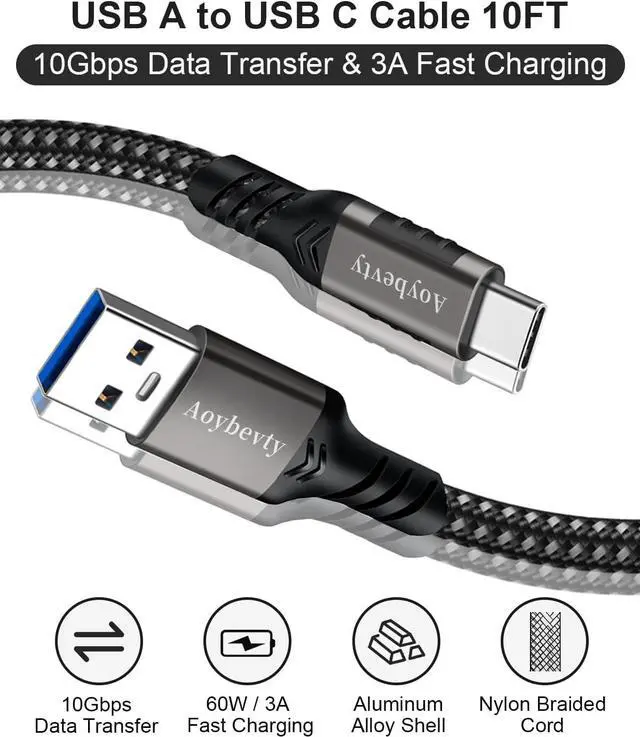 Alt view image 2 of 7 - USB A to USB C Cable 10FT USB 3.1/3.2 10Gbps Data Transfer and 60W 3A Fast Charging Long Cable for Android Auto  Galaxy S22 S21 iPad Pro External SSD and Other USB to Type C Device