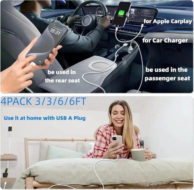 Alt view image 3 of 7 - Car Carplay Cable for iPhone 16 15 Pro/Pro Max/Plus 3FT+6FT USB A to USB C Fast Charging Cord for iPhone 16 15  Galaxy S25 S24 Ultra Charger Car Charger Adapter Accessories for Women Men