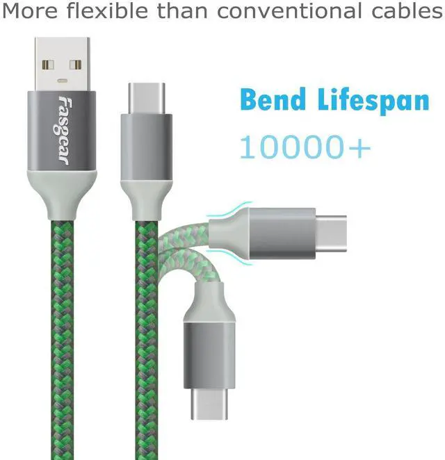 Alt view image 2 of 6 - USB C to USB 2.0 Cables 3 Pack 10ft Long 3A Fast Charging USB A to Type-C Charger Cord Braided Compatible with Galaxy S24/S23/S22/S21 Plus Note 10 A70/LG G6/Moto G/PS 5 (Green/Gold/Orange)