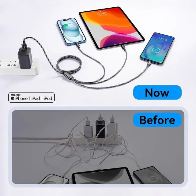 Alt view image 6 of 7 - 3 in 1 Multiple Charging Cable(2Pack 4Ft) Braided Multi Charger Cord Fast Charging Cable Universal USB Cable with Type C/Micro USB Port for Cell Phones iPhone 16 15 14 13 Series (3 Black 4Ft)