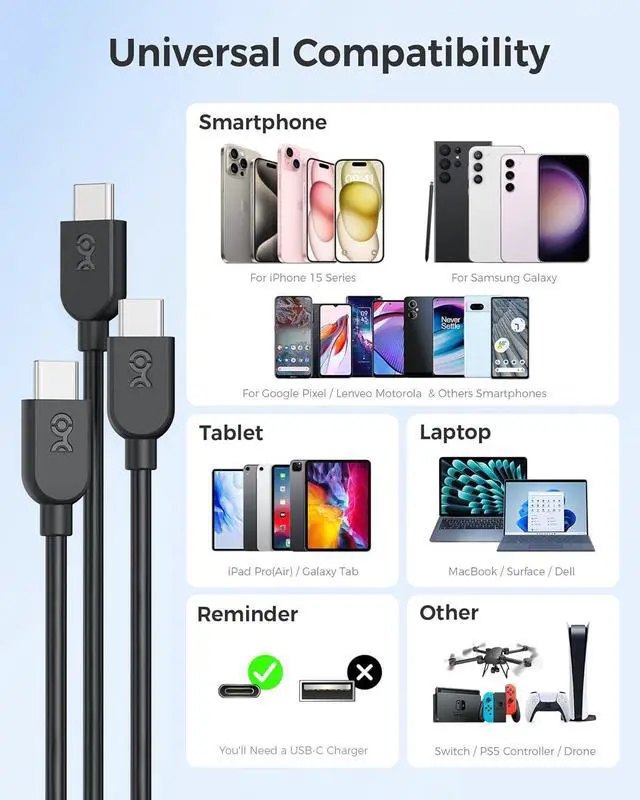 Alt view image 6 of 6 - 3-Pack Extreme Flexible USB C Charging Cable 3ft in Black Up to [60W Charging 480Mbps]  CarPlay Android Auto USB C Charger Cable for iPhone 16/15 Galaxy S24 iPad Pro