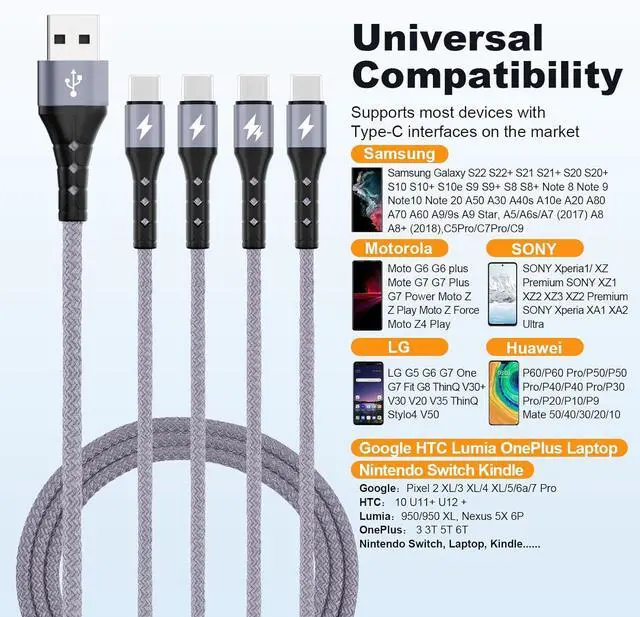 Alt view image 4 of 7 - Multi USB C Cable Fast Charging [4FT/2 Pack] QC 3.0(3A) USB C Splitter Cable 4 in 1 Charger Cord with 4 Type C Ports for iPhone 16/15 Series iPad Air/Pro  Galaxy S25 S24 Pixel PS5