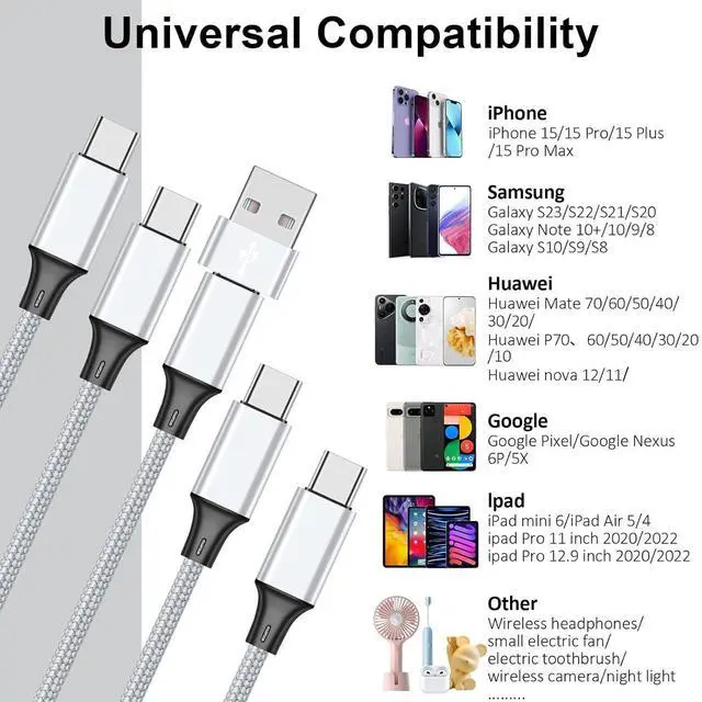 Alt view image 7 of 7 - USB C Splitter Multi Charging Cable USB A/C to USB C PD & QC 3.1A Fast Charging[2Pack 4Ft] 4 in 2 Multi Charger Cord with 4 Type-C Connectors Compatible with Cell Phones Tablets and More