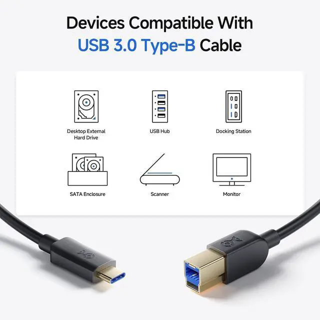 Alt view image 4 of 7 - USB C to USB B 3.0 Cable - 3.3ft USBB to USBC Cable with Type-B 3.0 Connector Black