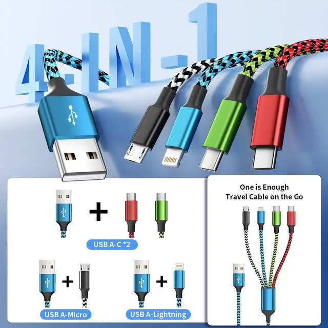 Alt view image 2 of 7 - Multi Charger Cable 6Ft 2Pack 3 in 1 Charging Cord Universal Phone Charger Multiple Charger Wire USB-A to Lightning/USB-Type C/Micro USB Connectors for Cellphone Tablets and More (Charging Only)
