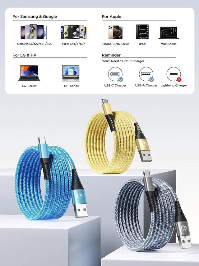 Alt view image 6 of 6 - USB C Cable 10FT 3Pack Fast Charging Nylon Braided Long Type C Charger Cable for  Galaxy S24 S23 S22 S21 S10 S9 S8 A02s A03s A11 A12 A13 A14 A21 A22 A32 A42 A53 Tablet LG Moto TCL