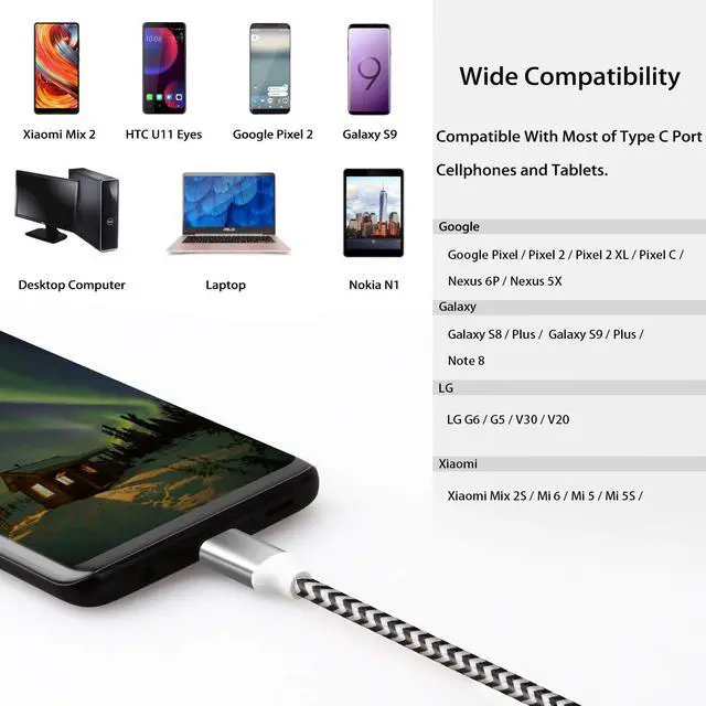 Alt view image 5 of 6 - USB C to USB A Cables 10ft 2 Pack Long 3A Fast Charging Type-C 2.0 Charger Cable Braided Compatible with Galaxy S21 Plus Note 10 S9 S8 A60 A5/LG V20 G6/Moto G/PS5 Controller (Black White)