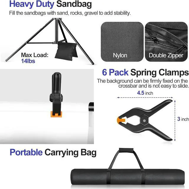 Alt view image 5 of 7 - 10x10FT Backdrop Stand Photo Video Studio Adjustable&Lockable Heavy Duty Background Support System Kit with 6 Backdrop Clamps 2 Sandbag and Carry Bag for Photography Parties Wedding Video