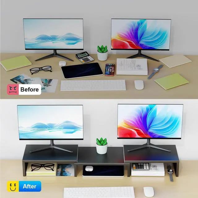 Alt view image 2 of 7 - Dual Monitor Stand for Desk Metal Computer Stand Desk Shelf Riser Desktop Organizer for Home and Office Use (Black)