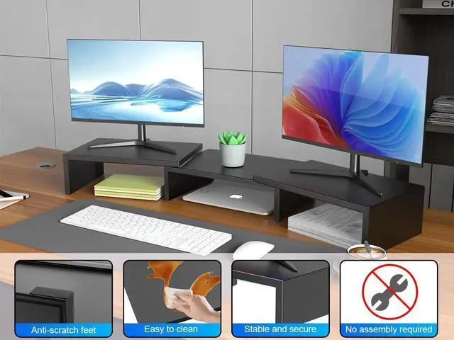 Alt view image 5 of 7 - Dual Monitor Stand for Desk Metal Computer Stand Desk Shelf Riser Desktop Organizer for Home and Office Use (Black)