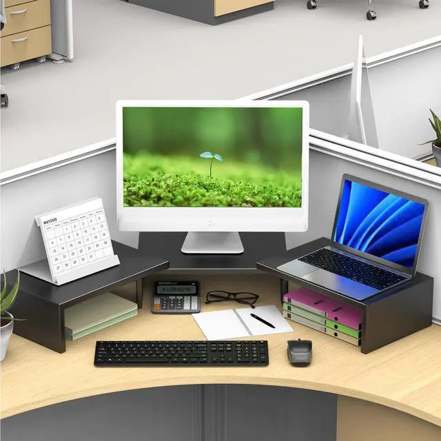 Alt view image 6 of 7 - Dual Monitor Stand for Desk Metal Computer Stand Desk Shelf Riser Desktop Organizer for Home and Office Use (Black)