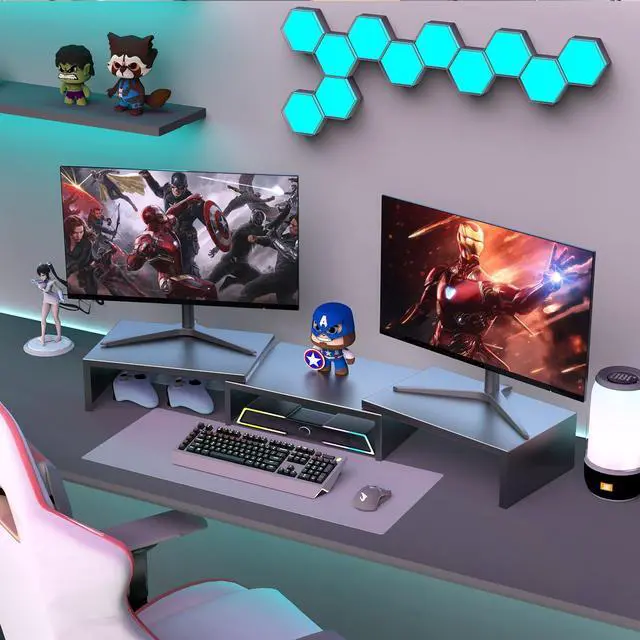 Alt view image 7 of 7 - Dual Monitor Stand for Desk Metal Computer Stand Desk Shelf Riser Desktop Organizer for Home and Office Use (Black)