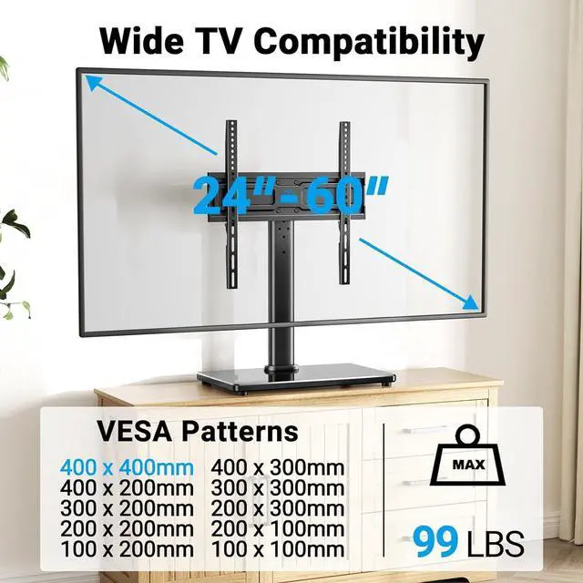 Alt view image 2 of 7 - PERLESMITH Universal Swivel TV Stand for 24-60 inch TVs up to 99 lbs, 8 Height Adjustable Table Top TV Stand, TV Base Stand with Tempered Glass Base, Max VESA 400x400mm, PSTVS33