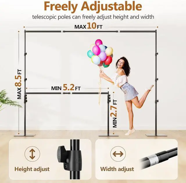 Alt view image 2 of 7 - Backdrop Stand 8.5ft Height 10ft Width Adjustable Photography Background Support Poles with Heavy Duty Flat Base Photo Metal Steel Pipe and Drape Frame Kit for Parties Birthday Wedding - Black