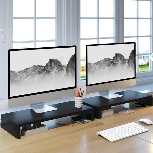 Alt view image 2 of 7 - 2 Pack Monitor Stand Riser-20 inch Black Desktop Stand for PC/TV/Laptop/Printer Keyboard Shelf Organizer Wood Monitor Riser with Storage