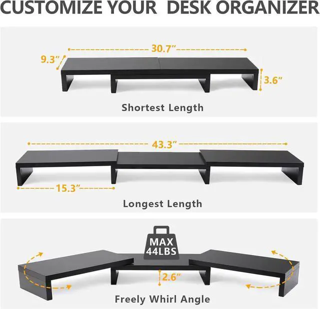 Alt view image 3 of 7 - TAVR Dual Monitor Stand Riser Office Desktop Organizer Stand for 2 Monitors, Adjustable Length and Angle 3 Shelf, Extra Long Multifunctional Stand up to 43.3" fit Computer, Laptop, TV, Black