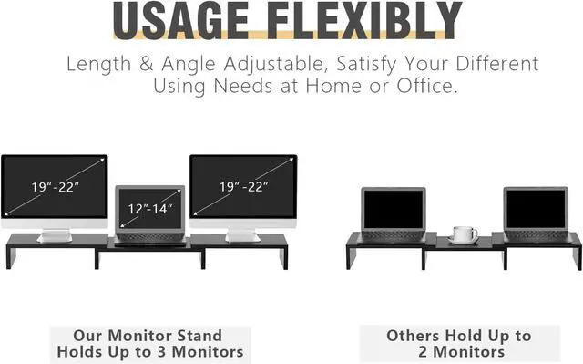 Alt view image 4 of 7 - TAVR Dual Monitor Stand Riser Office Desktop Organizer Stand for 2 Monitors, Adjustable Length and Angle 3 Shelf, Extra Long Multifunctional Stand up to 43.3" fit Computer, Laptop, TV, Black