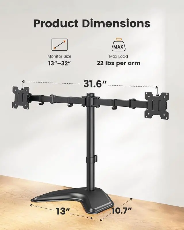 Alt view image 2 of 7 - Freestanding Dual Monitor Stand for 2 Screens up to 32 inch Heavy Duty Monitor Mount Holds Max 22 lbs per Arm Height Adjustable Computer Monitor Stand for Desk VESA 75x75/ 100x100mm Black