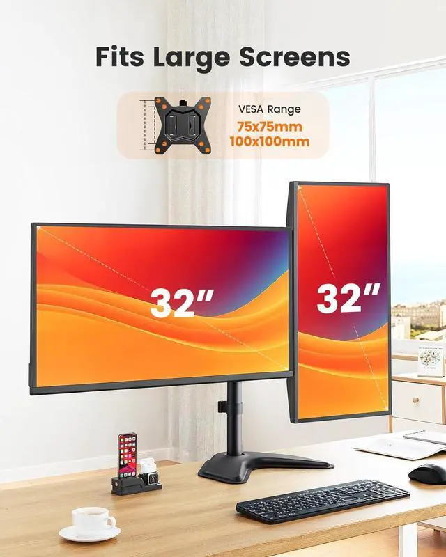 Alt view image 3 of 7 - Freestanding Dual Monitor Stand for 2 Screens up to 32 inch Heavy Duty Monitor Mount Holds Max 22 lbs per Arm Height Adjustable Computer Monitor Stand for Desk VESA 75x75/ 100x100mm Black