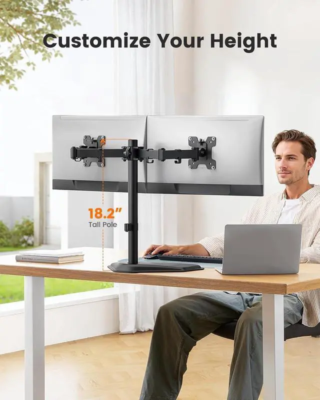 Alt view image 6 of 7 - Freestanding Dual Monitor Stand for 2 Screens up to 32 inch Heavy Duty Monitor Mount Holds Max 22 lbs per Arm Height Adjustable Computer Monitor Stand for Desk VESA 75x75/ 100x100mm Black