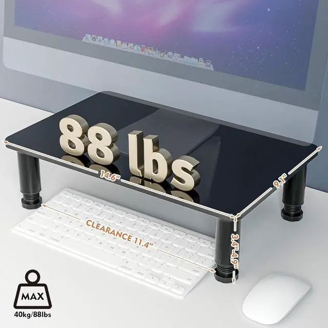 Alt view image 3 of 7 - Glass Computer Monitor Stand Riser with Height Adjustable Multi Media Desktop Stand for Flat Screen LCD LED TV, Laptop/Notebook/Xbox One, Black HD01B-002