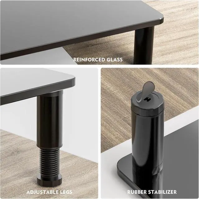 Alt view image 7 of 7 - Glass Computer Monitor Stand Riser with Height Adjustable Multi Media Desktop Stand for Flat Screen LCD LED TV, Laptop/Notebook/Xbox One, Black HD01B-002