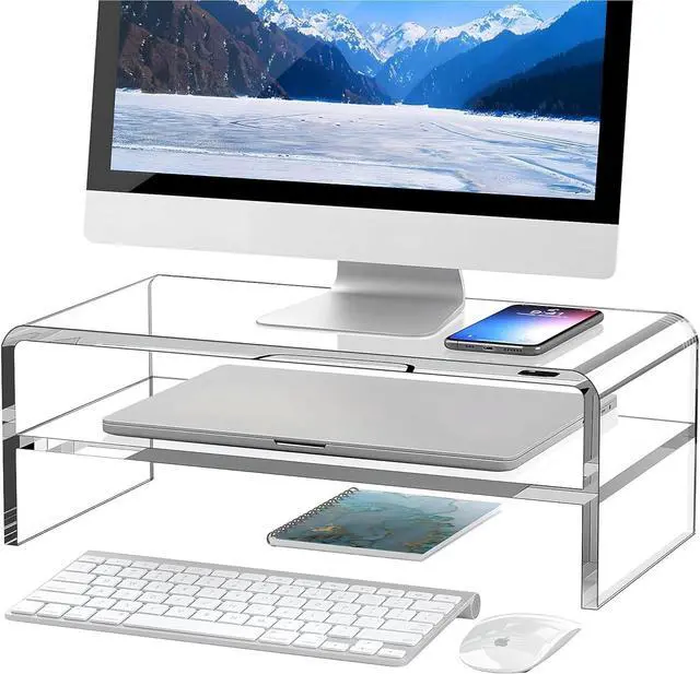 Main image of Clear Acrylic Monitor Stand Riser 2 Tier, 5.12 Inches High Clear Computer Desk Organizer Shelf for Multi Media PC Storage Laptop