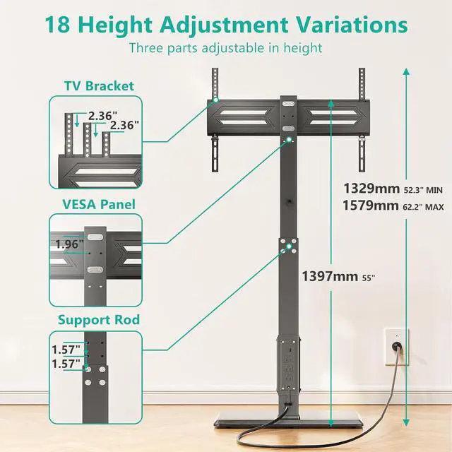 Alt view image 3 of 7 - Floor TV Stand with Power Outlet Tall TV Stand Mount for 32-75 inch TV up to 110 lbs Swivel and Height Adjustable TV Stands with Wood Base for Bedroom Office(TVDVD-7P) Black