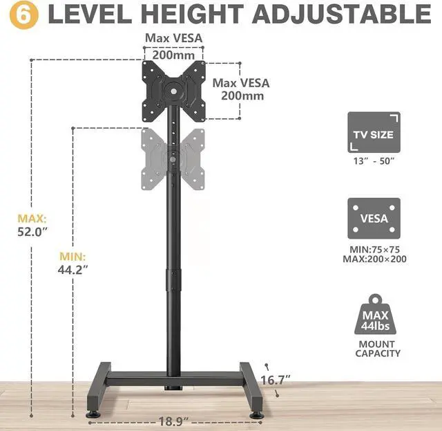 Alt view image 5 of 7 - TV Floor Stand for 13-50 inch LCD LED Flat/Curved Panel Screen TVs up to 44 lbs Height Adjustable TV Stand Mount with VESA 200x200 Portable TV Stand for Bedroom Dorm Room Office