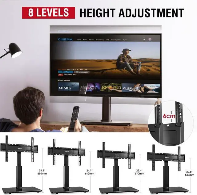 Alt view image 3 of 7 - Tabletop Swivel TV Stand Universal TV Stand for 32-75 inch LCD/LED/OLED TV with Tilt 8 Levels Height Adjustable TV Mount Stand with Tempered Glass Base MAX VESA 4000x600mm Holds up to 99lbs