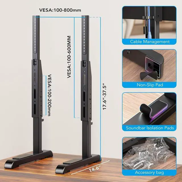 Alt view image 6 of 7 - Universal TV Stand, Table Top TV Stand Base Replacement for Most 37 to 86 Inch LCD LED TVs, 7 Height Adjustable TV Legs with Cable Management Hold up to 150lbs, Max VESA 800x600mm, Black AX10TB01
