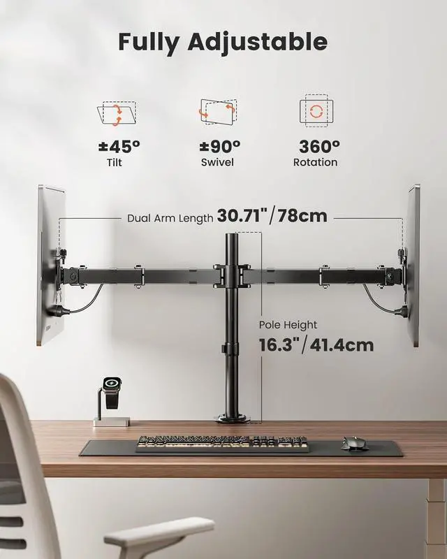 Alt view image 5 of 7 - ErGear Dual Monitor Stand, Heavy Duty Adjustable Monitor Desk Mount for 2 Screens up to 32 Inches, Fully Adjustable Height, Tilt, Swivel, Rotate, Supports 17.6 lbs per Monitor Arm, Easy Installation