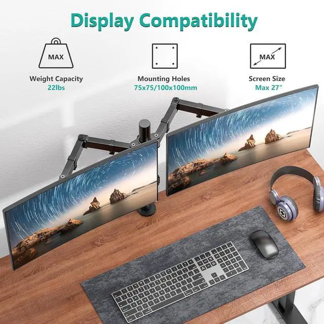 Alt view image 2 of 7 - WALI Dual Monitor Desk Mount, Monitor Stand for 2 Monitors Up to 27inch, Dual Monitor Mount Max 22lbs for Home, Office, School (M002), Black