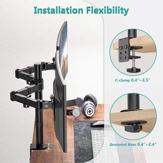 Alt view image 6 of 7 - WALI Dual Monitor Desk Mount, Monitor Stand for 2 Monitors Up to 27inch, Dual Monitor Mount Max 22lbs for Home, Office, School (M002), Black