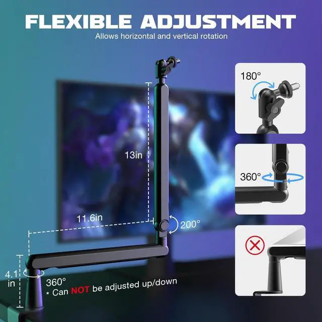 Alt view image 5 of 7 - Microphone Boom Arm Low Profile Adjustable Stick Microphone Arm Stand with Desk Mount Clamp Screw Adapter Cable Management for Podcast Streaming Gaming Studio-BM88