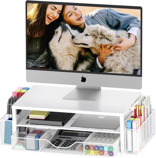 Main image of Desk Organizers and Accessories 2-Tier Computer Monitor Stand for Desk Organizer with Drawer and 2 Pen Holders Office Desk Accessories Workspace Desktop Organizers for Office Supplies White