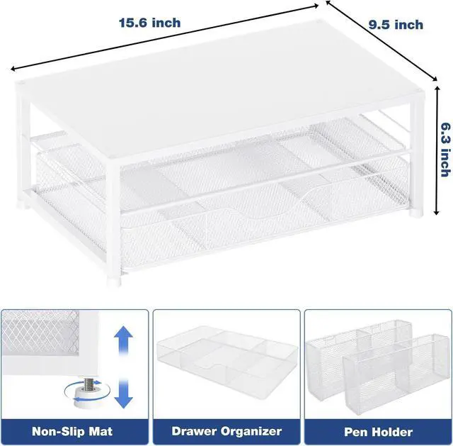 Alt view image 3 of 6 - Desk Organizers and Accessories 2-Tier Computer Monitor Stand for Desk Organizer with Drawer and 2 Pen Holders Office Desk Accessories Workspace Desktop Organizers for Office Supplies White