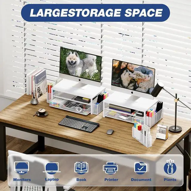 Alt view image 4 of 6 - Desk Organizers and Accessories 2-Tier Computer Monitor Stand for Desk Organizer with Drawer and 2 Pen Holders Office Desk Accessories Workspace Desktop Organizers for Office Supplies White