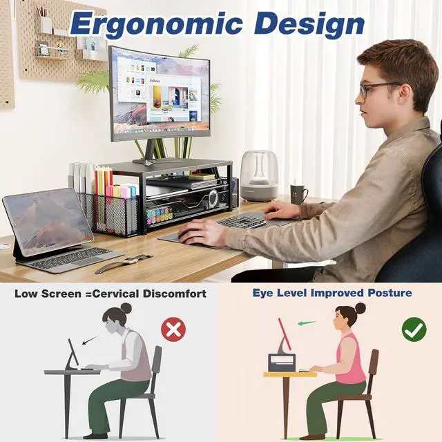 Alt view image 6 of 6 - Desk Organizers and Accessories 2-Tier Computer Monitor Stand for Desk Organizer with Drawer and 2 Pen Holders Office Desk Accessories Workspace Desktop Organizers for Office Supplies White