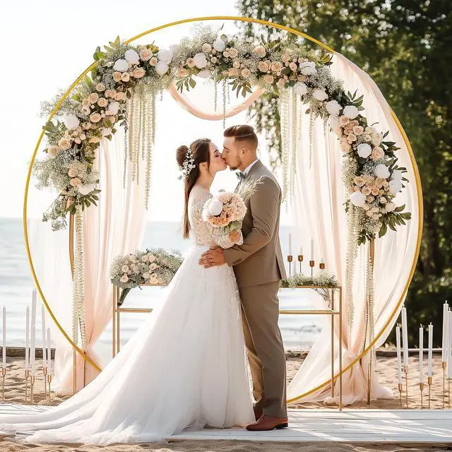 Alt view image 2 of 7 - 6.6FT Round Metal Backdrop Stand with White Wedding Arch Cover Spandex Gold Wedding Balloon Arch Backdrop Stand Round Arch Frame for Birthday Party Baby Shower Graduation Ceremony Decoration