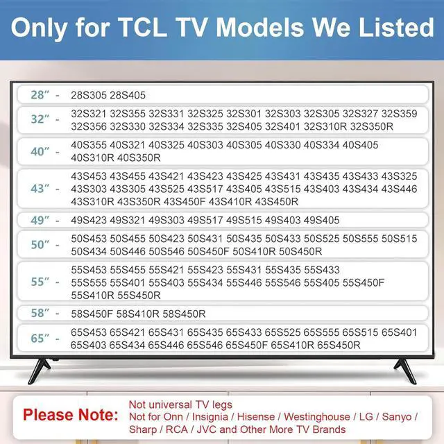 Alt view image 2 of 7 - Base Stand for TCL Smart Tv - Legs for TCL  TV 28in 32in 40in 43in 49in 50in 55in 60in 65in 32S305 32S301 32S303 40S355 40S325 43S425 43S431 50S431 50S435 55S455 65S433 65S555 with Screws