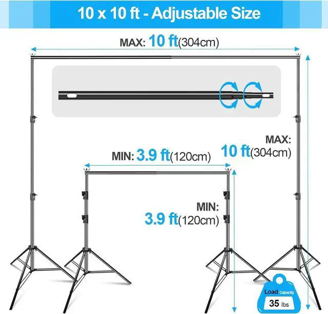 Alt view image 2 of 7 - 10 x 10 ft Photo Video Studio Heavy Duty Adjustable Backdrop Support System Kit Muslin Background Stand with Carry Bag