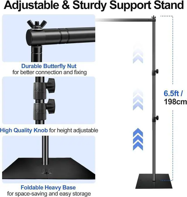 Alt view image 5 of 7 - Backdrop Stand 6.5x10 ft Adjustable Photo Background Pipe and Drape Photography Kit with Heavy Duty Metal Flat Base for Parties Wedding Video Studio Birthday - Black