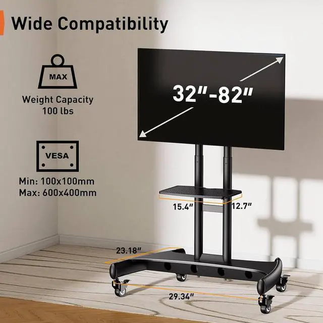 Alt view image 4 of 7 - Mobile TV Cart for 32-82 Inch Flat/Curved LED/LCD/OLED TVs Rolling TV Stand with Height Adjustable Shelf Max VESA 600x400mm up to 100lbs- Outdoor TV Stand Trolley with Wheels PGTVMC05-1