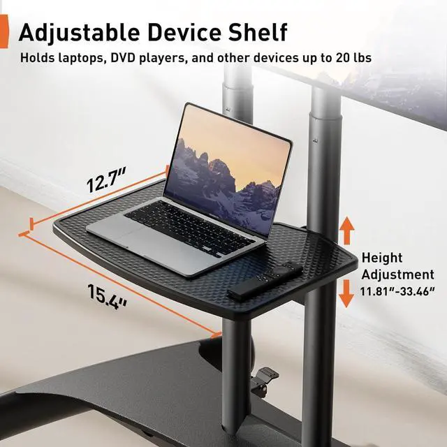 Alt view image 5 of 7 - Mobile TV Cart for 32-82 Inch Flat/Curved LED/LCD/OLED TVs Rolling TV Stand with Height Adjustable Shelf Max VESA 600x400mm up to 100lbs- Outdoor TV Stand Trolley with Wheels PGTVMC05-1