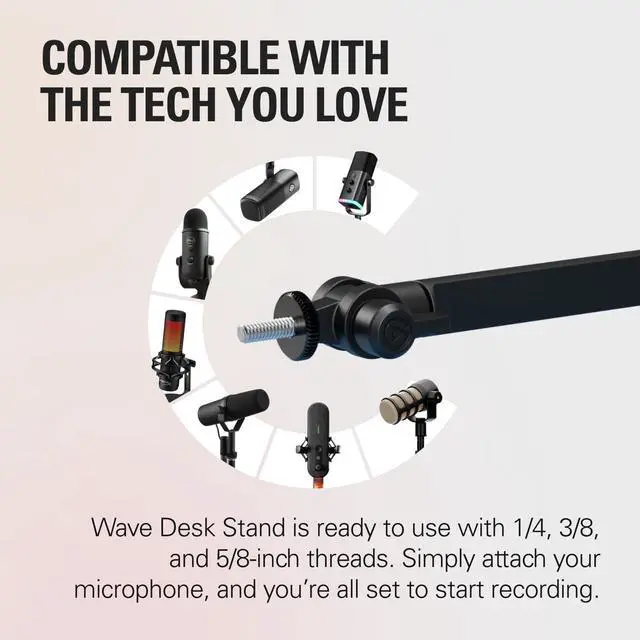 Alt view image 3 of 7 - Wave Desk Stand - Adjustable Mounting Arm for Microphones Works HyperX Rode Fifine Shure and More Mics Compatible 1/4 3/8 & 5/8 Thread for Recording/Podcasting/Streaming